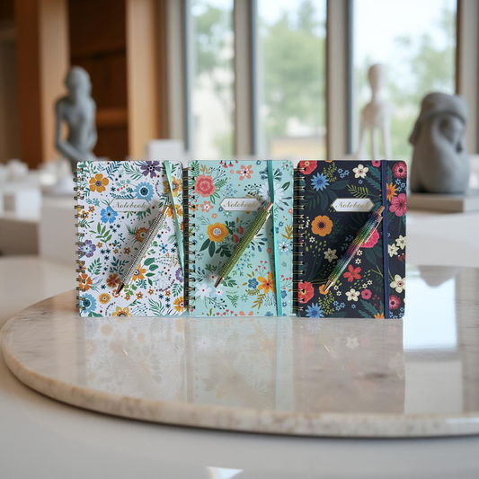A5 Notebook with a sparkling pen.